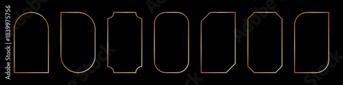 Thin golden frame set in art deco style. Luxury gold borders. Linear shining rectangle shape. Brass glowing shiny boarder element pack for photocard. Vector illustration isolated on black background.
