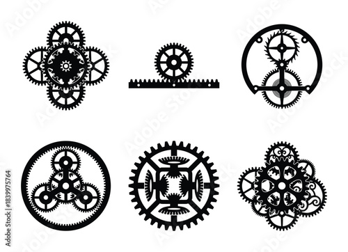 Gear wheel set. Cogwheel collection. Mechanical parts. Element of mechanism. Outline illustration.