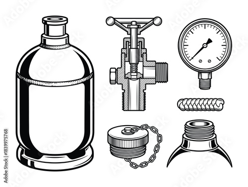 Gas cylinder components. Bottle valve pressure gauge cap thread spring equipment.