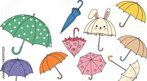 Cute umbrella vector collection with colorful parasols, patterned designs, rain accessories, folded umbrellas, and adorable bunny umbrella illustration