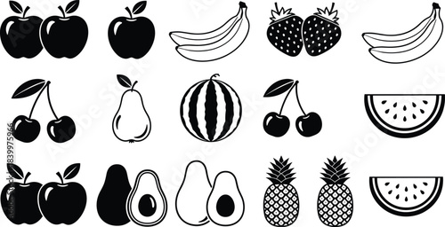 Fruit silhouette vector set, apples, bananas, strawberries, cherries, watermelon, avocado, pear, pineapple, black illustration, healthy food icons