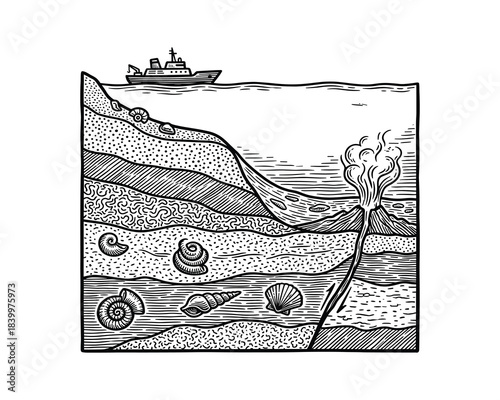 Geological cross-section showing sea bottom, sedimentary layers, marine life, and eruption