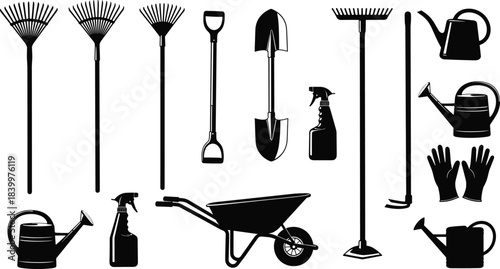 Gardening tools silhouette vector set, rake, shovel, watering can, spray bottle, wheelbarrow, gloves, black illustration, garden equipment icons
