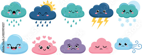Cute weather cloud character vector set featuring rain, snow, lightning, sunshine, wind and adorable emotional cloud expressions