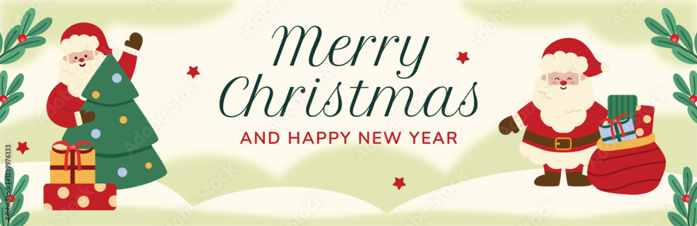 Obraz premium Cute Christmas Banner with Santa, Tree, Mistletoe and Gift Illustration