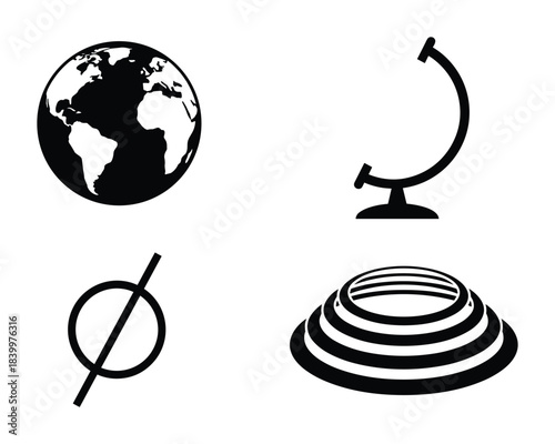 Globe elements with a map, stand, and an empty set featuring a null symbol. World geography.