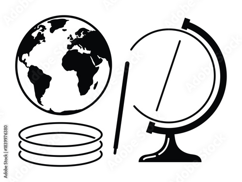 Globe maps and a traditional desk globe with stand and axis. World exploration. Travel journey.