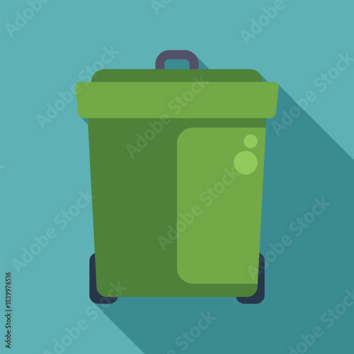 Green garbage bin on wheels for waste management with flat design