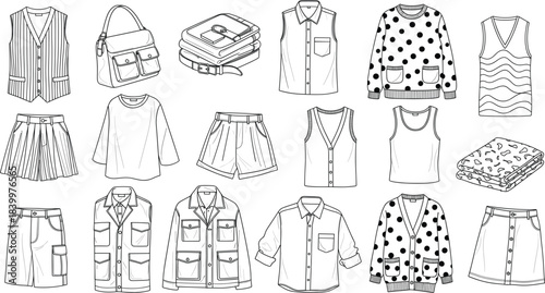 Fashion clothing vector set featuring shirts, jackets, vests, skirts, sweaters, bags and folded apparel in line art style