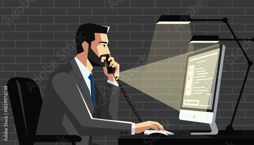 Businessman Working Late Night on Computer and Phone, Dedicated Executive on Overtime Call, Man in Suit Focused at Desk