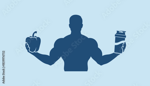 Bodybuilder Silhouette with Pepper and Shaker, Muscle Man Diet and Supplement Balance, Fitness Nutrition vs. Protein Shake