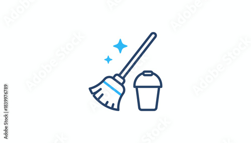 Cleaning Broom and Bucket Line Art Icon, Housekeeping and Sanitation Simple Graphic, Sparkle Clean Symbol