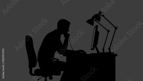 Silhouette of Businessman Working Late Night, Man on Phone and Computer Dark Profile, Overtime and Hard Work Concept