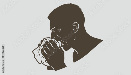 Silhouette of Man Sneezing into Tissue, Cold and Flu Symptom Profile View, Monochrome Graphic of Blowing Nose