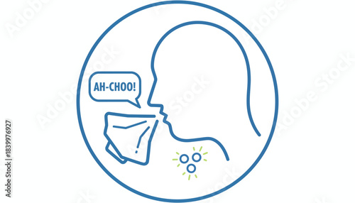 Sneezing Man with Tissue Allergy Icon, Cold and Flu Virus Transmission Graphic, Line Art Symbol for Sneeze Etiquette