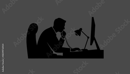 Silhouette of Man Talking on Phone at Computer, Business Communication and Work Graphic, Dark Profile of Professional at Desk
