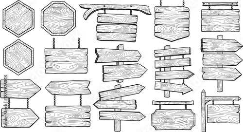 Hand-drawn wooden signboard vector set, rustic arrows, blank wood signs, directional markers, post-mounted boards, textured grain, outdoor signage