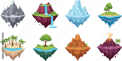Floating island vector set with mountains, waterfalls, volcano, desert, tropical landscape and fantasy floating land illustrations