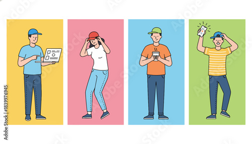 Young People with Tech and Coffee Strip, Casual Youth Lifestyle and Communication, Set of Four Modern Minimalist Characters