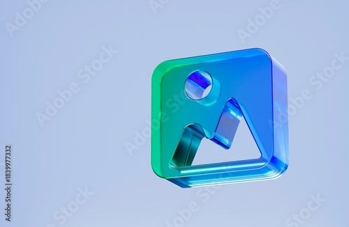 3D image gallery icon, photo media concept. Colorful gradient glass like icon, trending glass holographic icon, for graphic design, UI UX interfaces, 3d render illustration.
