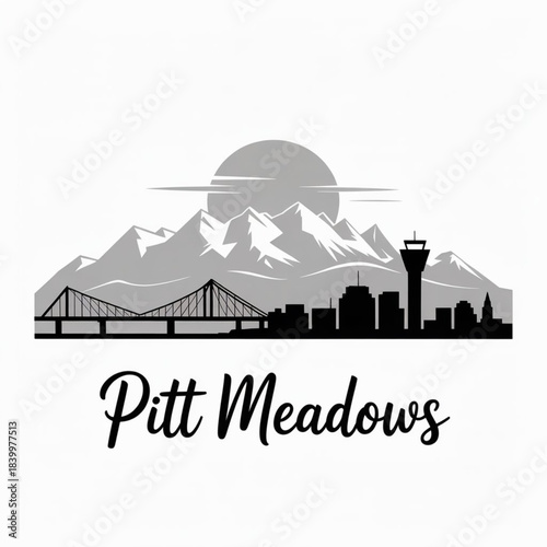 Pitt Meadows Skyline Silhouette — A Scenic Fraser Valley City by the Mountains Vector Illustration