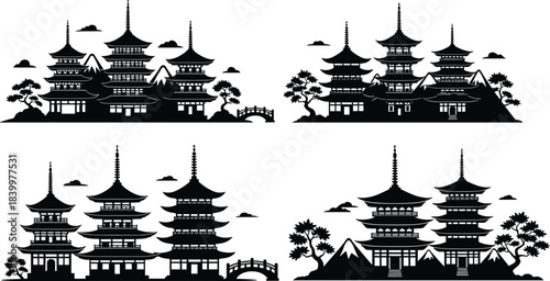 Japanese architecture silhouette vector set, pagoda, bridge, bonsai tree, mountain scene, traditional design, black illustration, cultural landscape icons