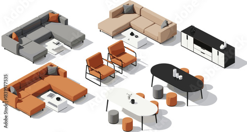 Isometric furniture vector set, modern sofa, dining table, armchair, entertainment console, home decor, black illustration, interior design layout