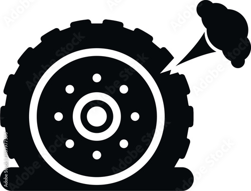Icon presenting a flat tire with a puncture and air escaping