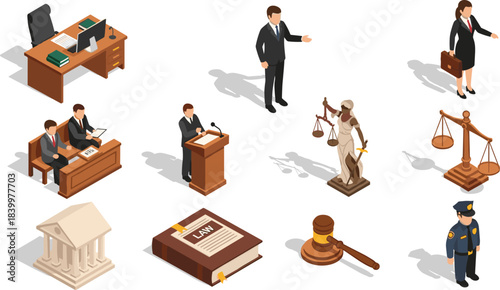 Legal system isometric vector set, courtroom scene, lawyer illustration, justice icon, law book, police officer, gavel, courthouse design