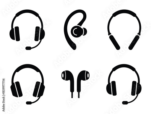 Headphone and earbud icons. Audio communication devices. Various designs with and without microphones.
