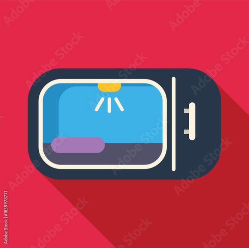 Kitchen appliance microwave oven cooking food with light inside red background