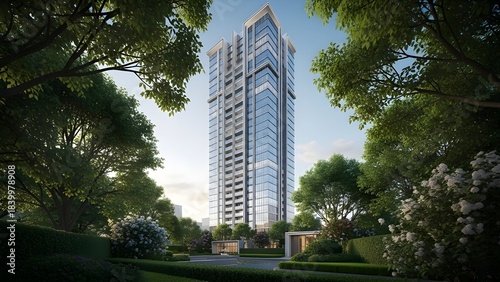 Urban high-rise tower surrounded by dense trees viewed from ground level