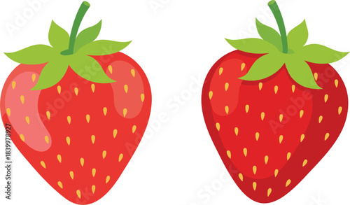 Fresh strawberry illustration set featuring bright red berries, green leaves, seeds, glossy highlights, and simple fruit design