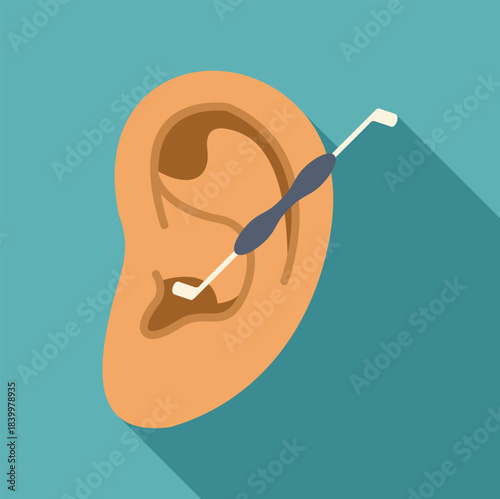 Human ear with an ear pick tool removing earwax for hygiene