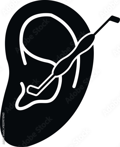 Human ear outline with an ear pick removing cerumen from the auditory canal