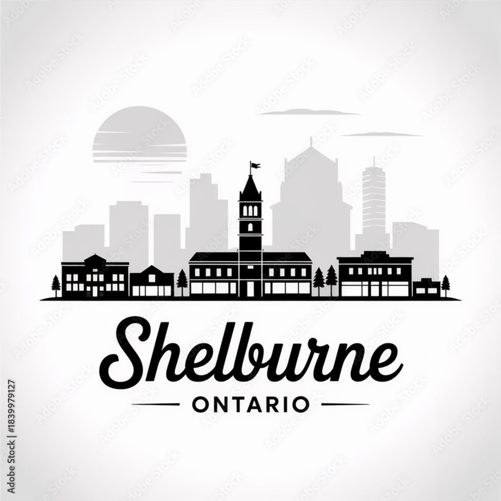 Fototapeta premium Shelburne Ontario Skyline Silhouette — Fast-Growing Dufferin County Community Vector Illustration