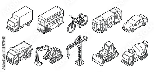 Isometric outlines of various transportation and construction vehicles including truck, bus, bicycle, train, car, dump truck, excavator, crane, bulldozer, and cement mixer. Isolated illustration.