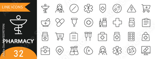 Pharmacy and Health Line Icon Collection. Features essential vector icons for prescription, consultation, medicine, drugs, tablets, syringes, vaccine, and medication. Perfect for pharmaceutical and he