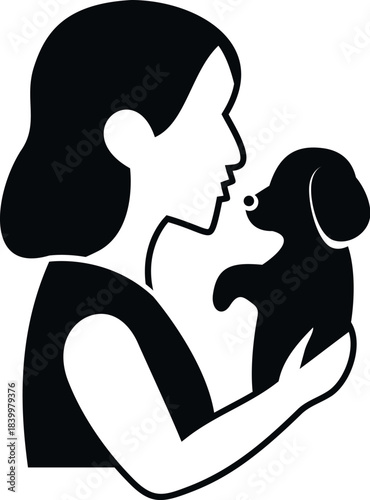 Woman holding a puppy, showing affection and care in a silhouette icon