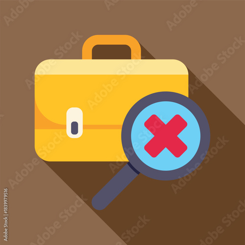 Briefcase icon with magnifying glass showing an x mark symbolizing rejection or failure