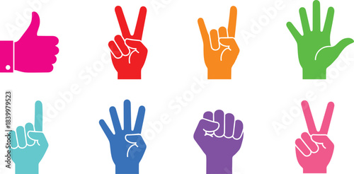 Hand gesture vector collection featuring colorful icons of thumbs up, peace sign, counting fingers, fist and expressive hand symbols