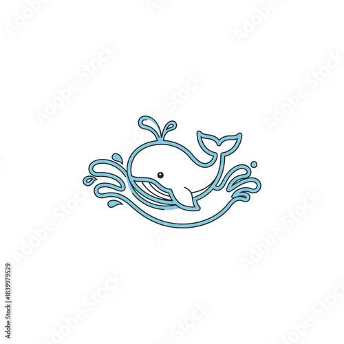 Whale breaching through water waves, cartoon illustration of marine mammal in ocean splashes, simple and clean design