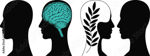 Human head silhouette vector set featuring brain illustration, mental health concept, botanical mind design, psychology and wellness icons