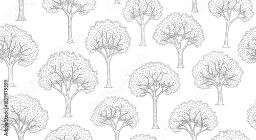 Stylized tree pattern vector, monochrome forest design, seamless nature background, decorative wallpaper, black backdrop, intricate canopy, elegant trunk art