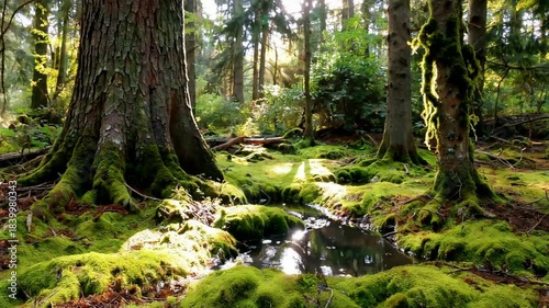 Sunlight Filtering Through an Ancient Mossy Forest with a Small Stream.