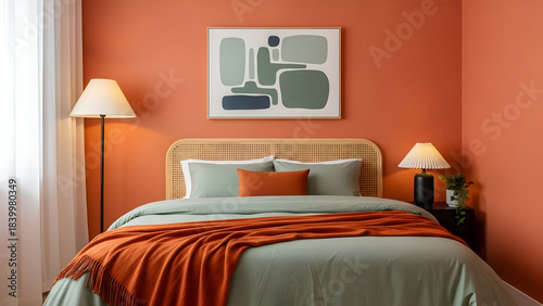 A stylish bedroom features a bed with sage green bedding an orange throw blanket and a woven headboard against a vibrant orange wall with modern art and bedside lamps