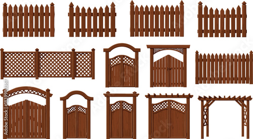 Wooden fence and gate vector set, picket styles, lattice panels, arched gates, pergola design, black outline, architectural landscaping elements