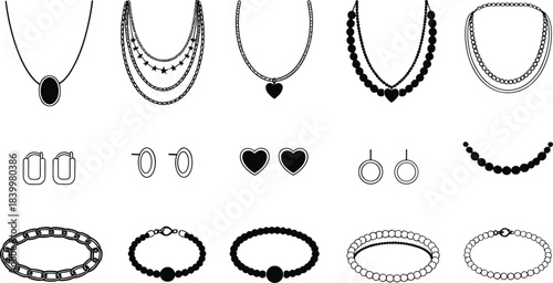 Jewelry vector collection featuring necklaces, earrings, bracelets, chains, beads and elegant accessory designs in minimal line art style