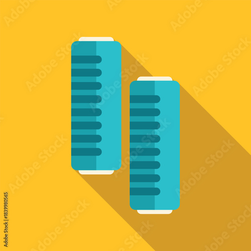 Pair of blue thread spools for textile, sewing, and craftsmanship on a yellow background