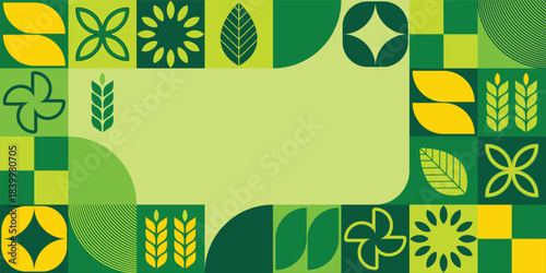 Seamless Eco Nature Pattern with Green Leaf Elements and Abstract Geometric Style